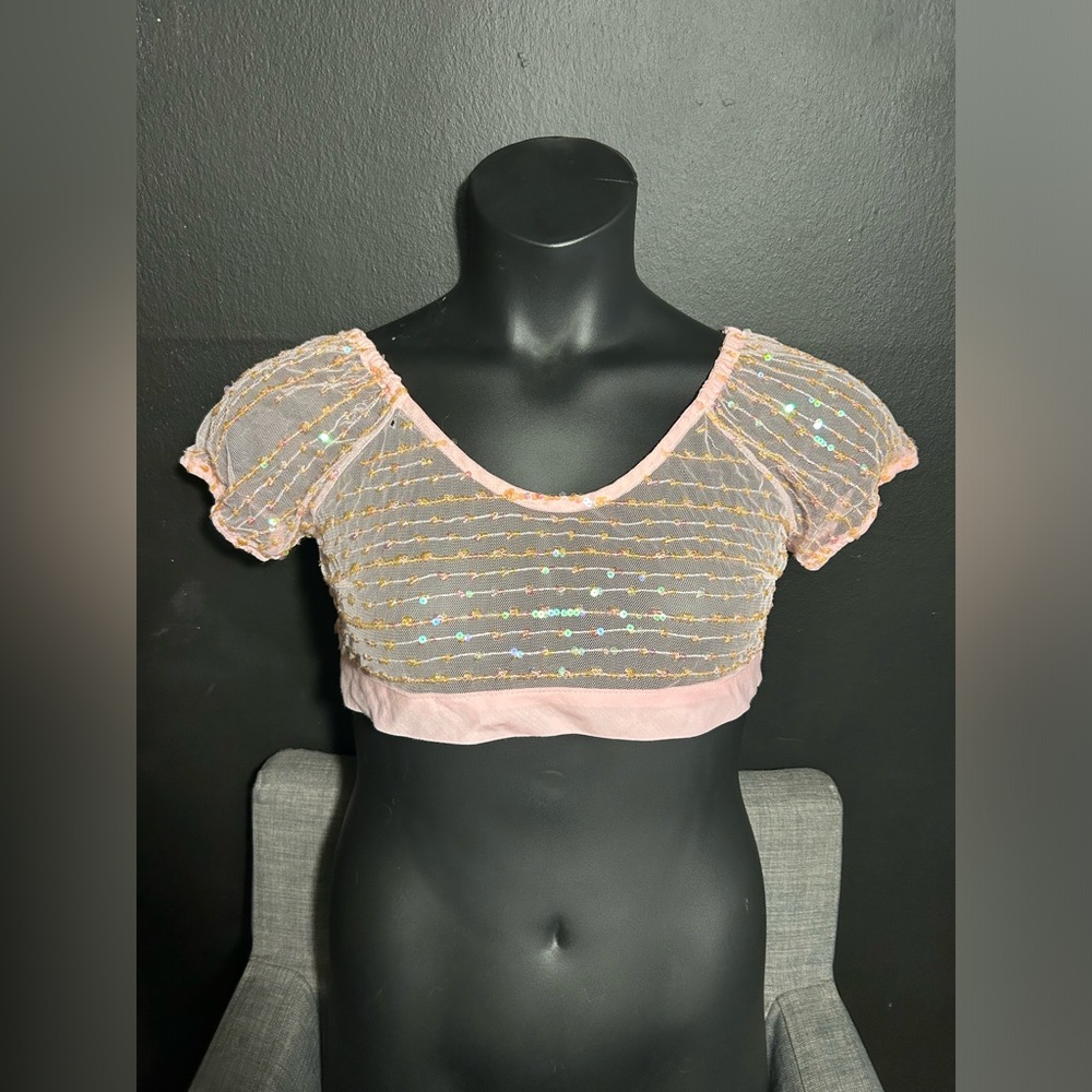 NWT Forever 21 Pink Sheer Sequin Crop Top Tie Back  Small